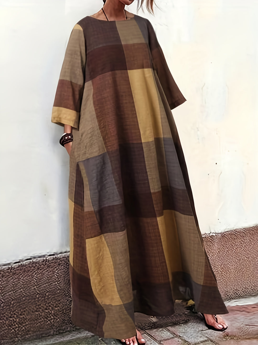 Plus Size Casual Dress, Women's Plus Colorblock Grid Print Long Sleeve Round Neck Slight Stretch Loose Maxi Dress