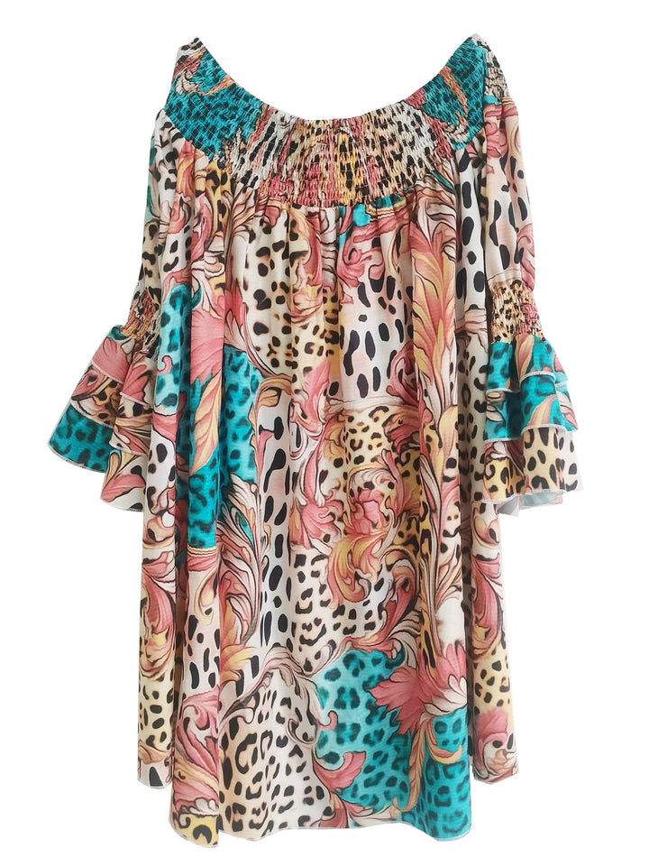 Effortlessly Chic: Women's Plus Size Off Shoulder Dress with Bell Sleeves and Allover Print