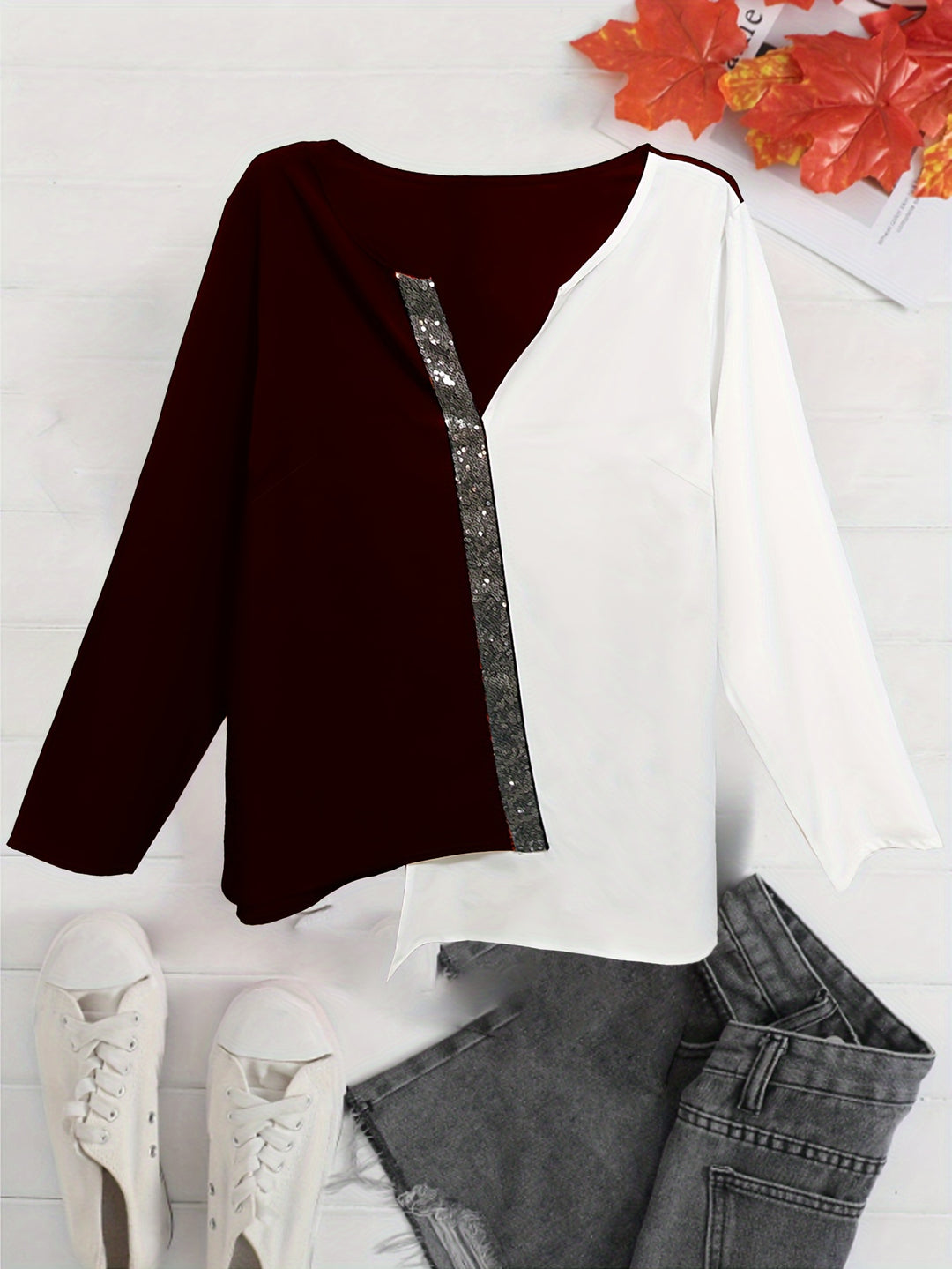 Plus Size Casual Blouse, Women's Plus Colorblock Sequin Notched Neck Long Sleeve Asymmetrical Hem Top