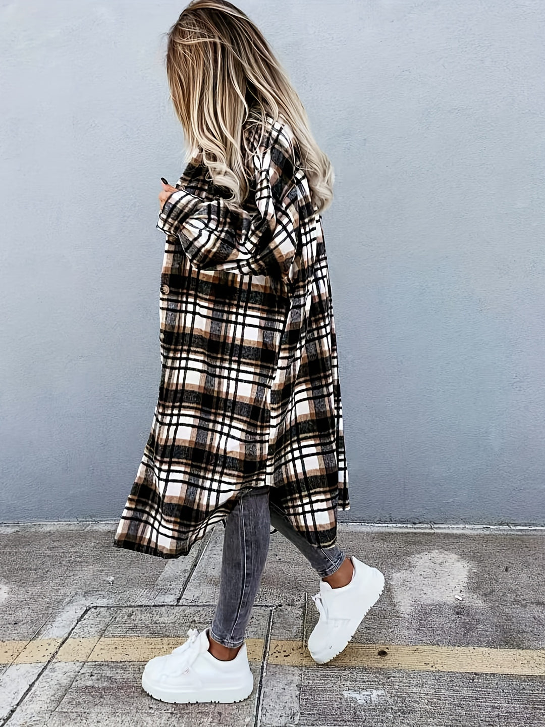 Plaid Print Long Length Jacket, Casual Button Front Flap Pockets Outwear, Women's Clothing