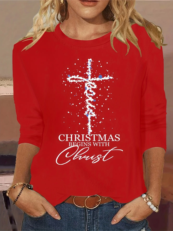 Letter Cross Print Crew Neck T-Shirt, Casual Long Sleeve Top For Spring & Fall, Women's Clothing