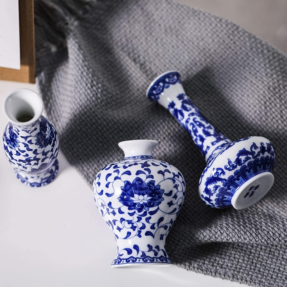 3pcs 1 set Cute Blue and White Ceramic Bud Vase for Farmhouse Table Centerpiece and Rustic Wedding Decorations - Chinese Antique Style Vase for Home Table Flower Decor