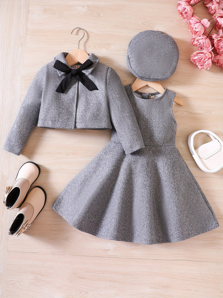 Girl's Elegant Outfit 3pcs, Bowknot Coat & Beret & Tank Dress Set, Kid's Clothes For Spring Autumn Christmas