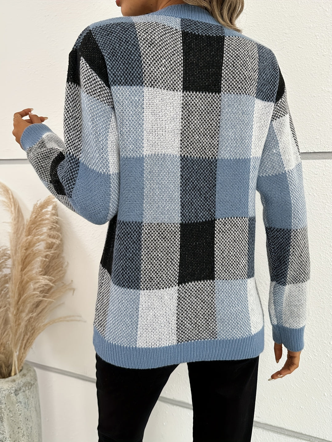 Plaid Pattern Crew Neck Pullover Sweater, Casual Long Sleeve Sweater For Fall & Winter, Women's Clothing