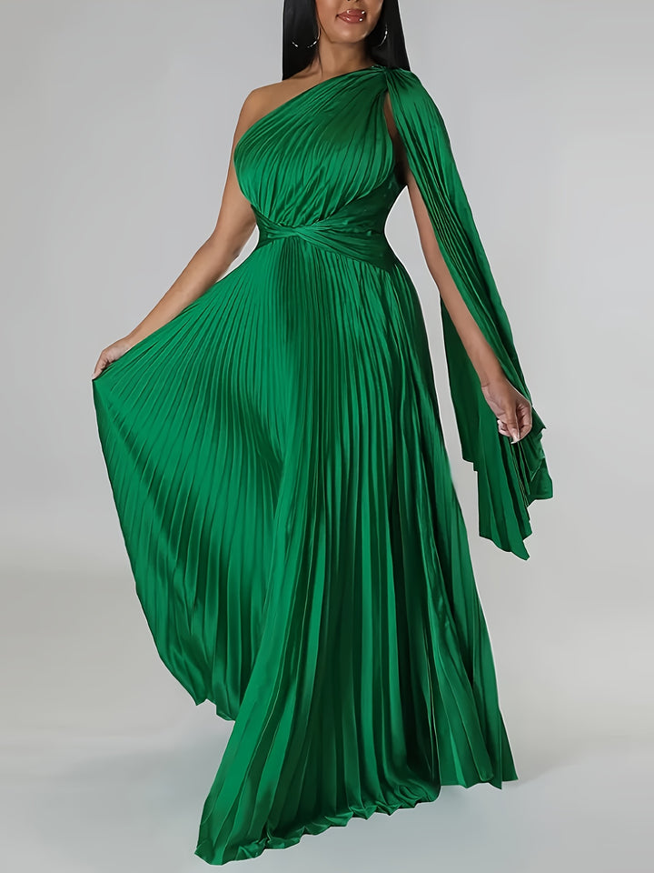 Plus Size Elegant Wedding Guest Dress, Women's Plus Solid One Shoulder Nipped Waist Pleated Maxi Pron Party Formal Dress