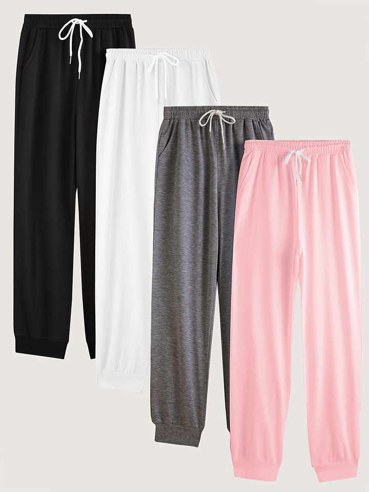 Solid Drawstring Pants 4 Pack, Casual Elastic Waist Versatile Jogger Pants, Women's Clothing