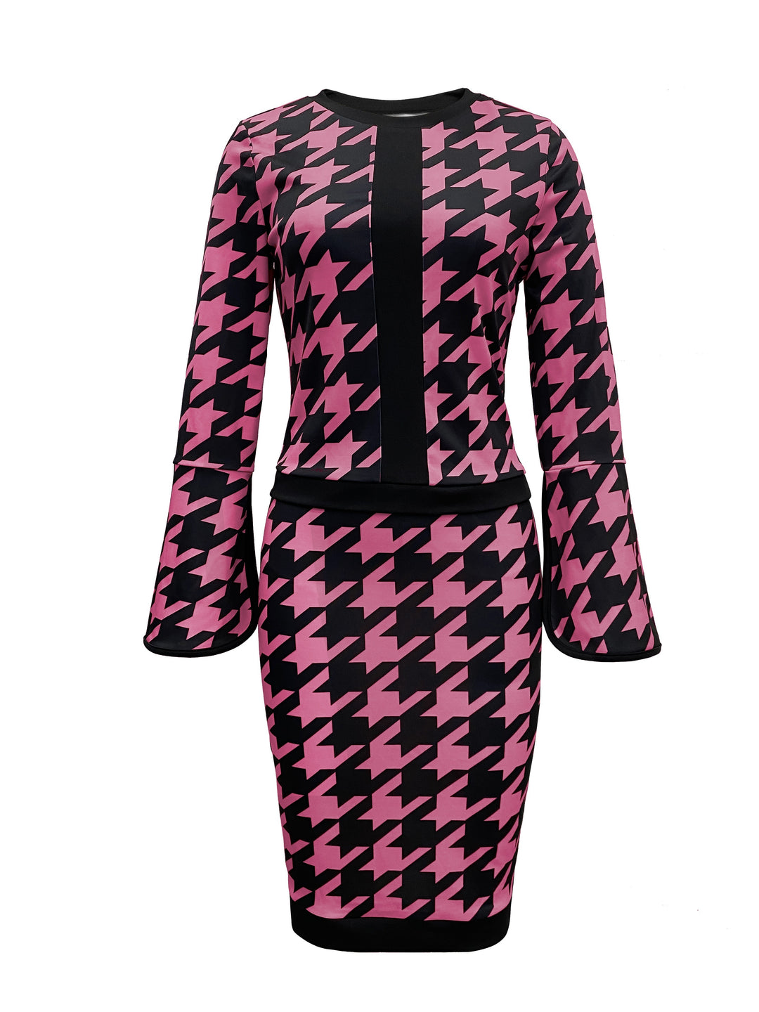 Houndstooth Print Casual Two-piece Set, Crew Neck Split Long Sleeve Tops & Bag Hip Skirts Outfits, Women's Clothing