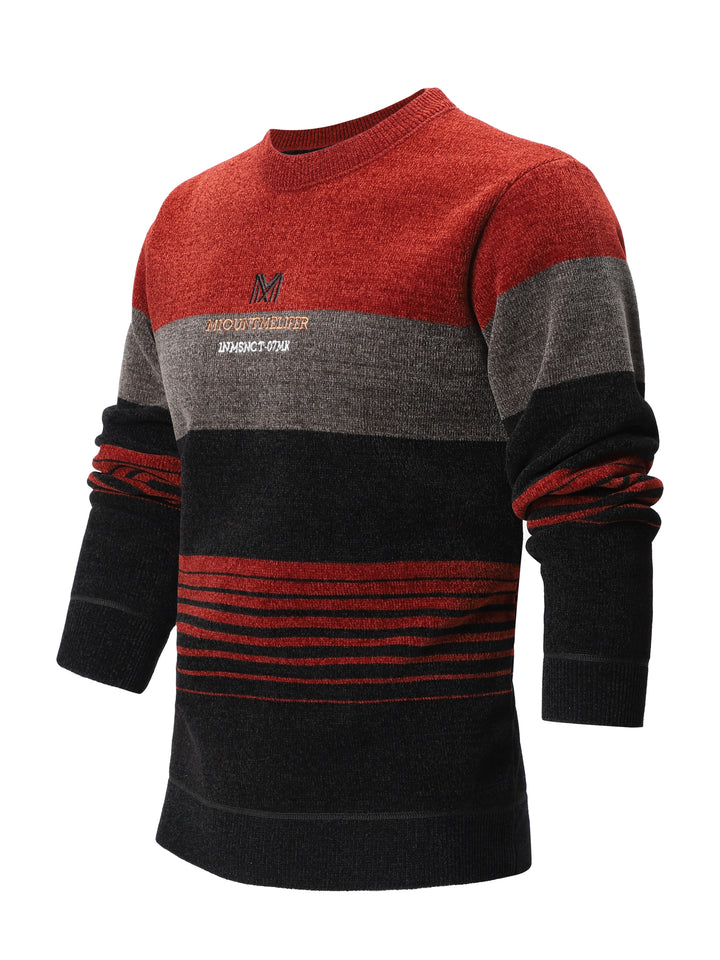 All Match Knitted Color Block Sweater, Men's Casual Warm Mid Stretch Crew Neck Pullover Sweater For Men Fall Winter