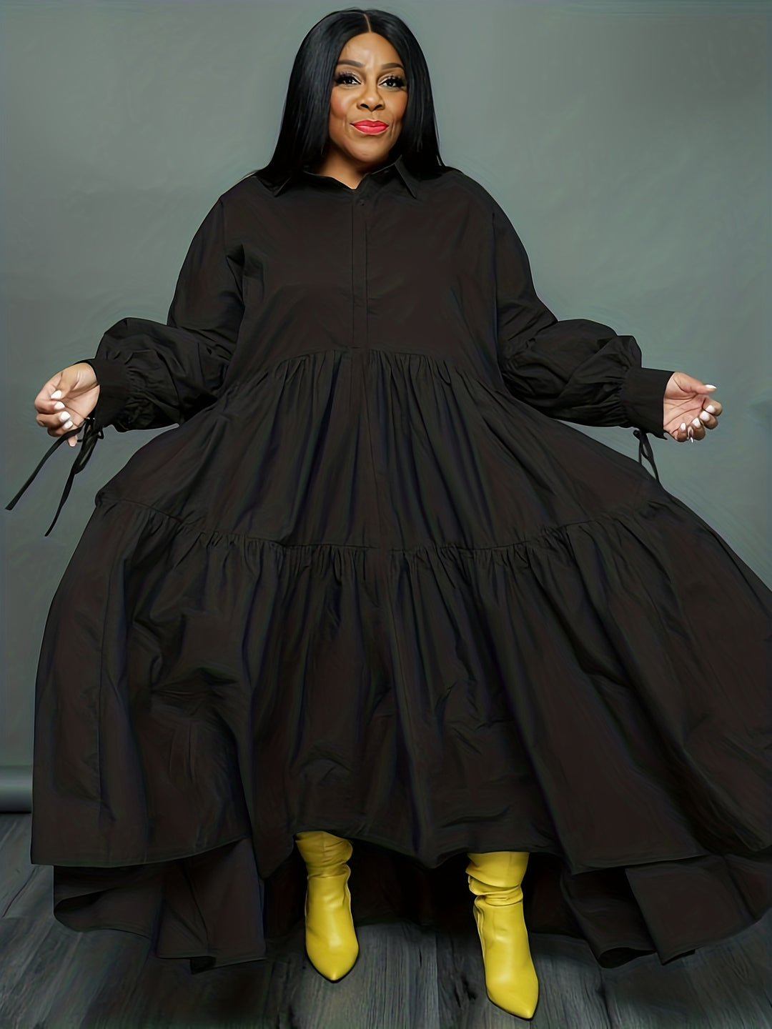 Plus Size Elegant Dress, Women's Plus Solid Tie Lantern Sleeve Ruffle Trim Polo Neck Loose Smock Dress