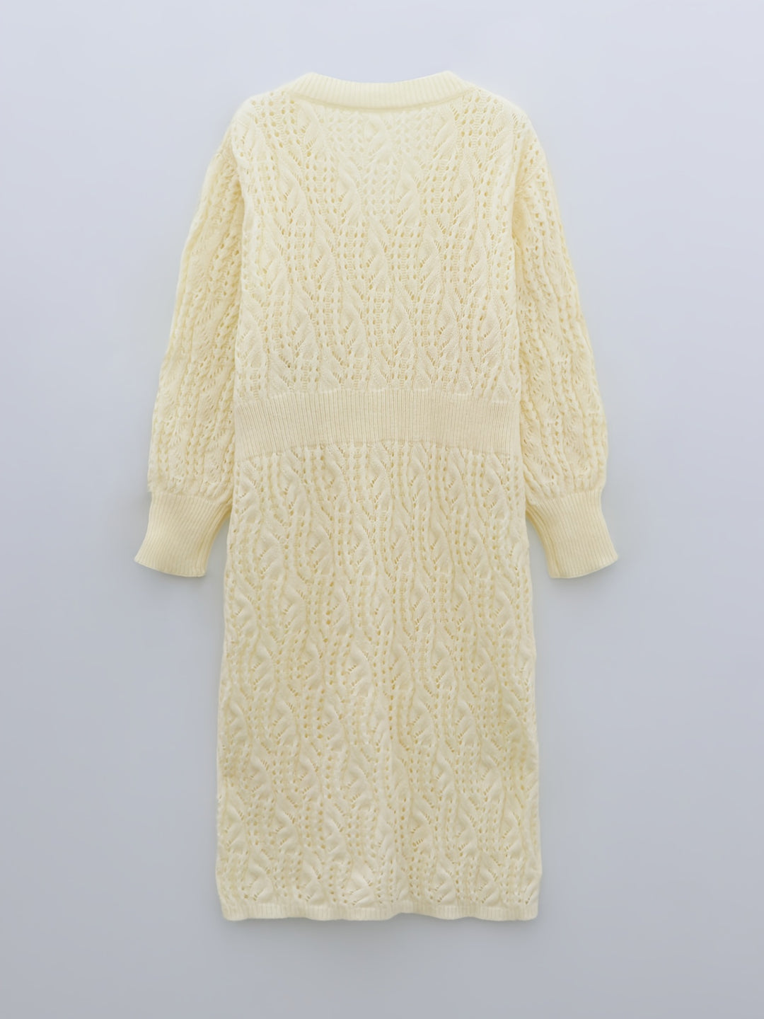 Plus Size Casual Sweater Dress, Women's Plus Solid Eyelet Embroidered Long Sleeve V Neck Midi Sweater Dress