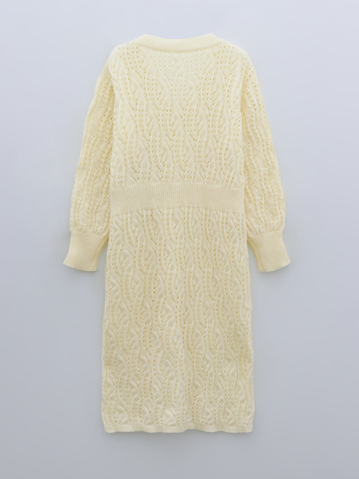 Plus Size Casual Sweater Dress, Women's Plus Solid Eyelet Embroidered Long Sleeve V Neck Midi Sweater Dress