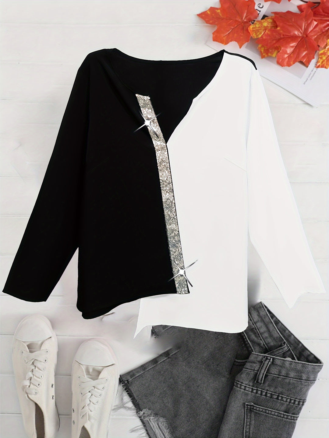Plus Size Casual Blouse, Women's Plus Colorblock Sequin Notched Neck Long Sleeve Asymmetrical Hem Top