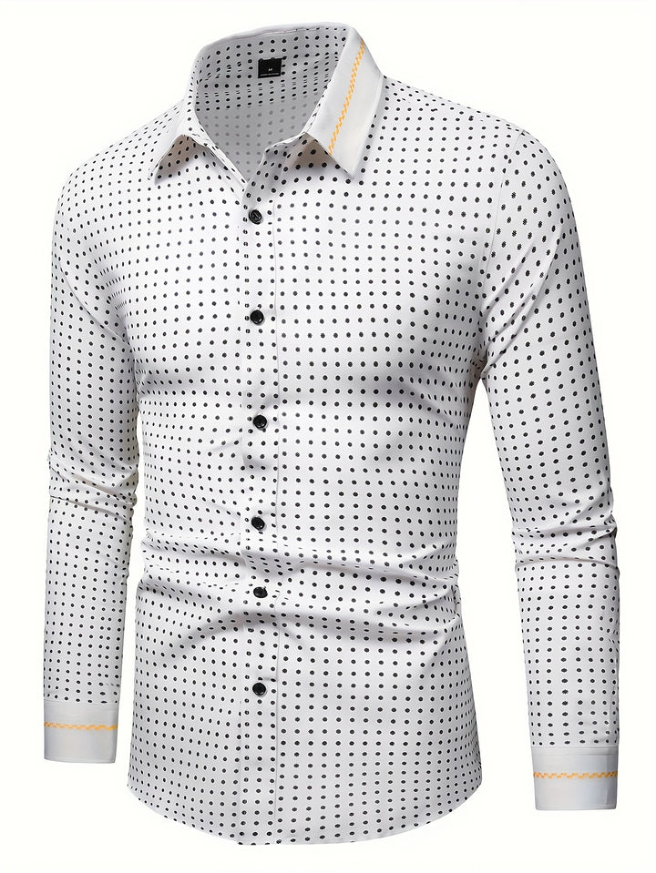 Simple Polka Dots Print Men's Casual Charming Long Sleeve Lapel Shirt For Spring Fall, Gift For Men