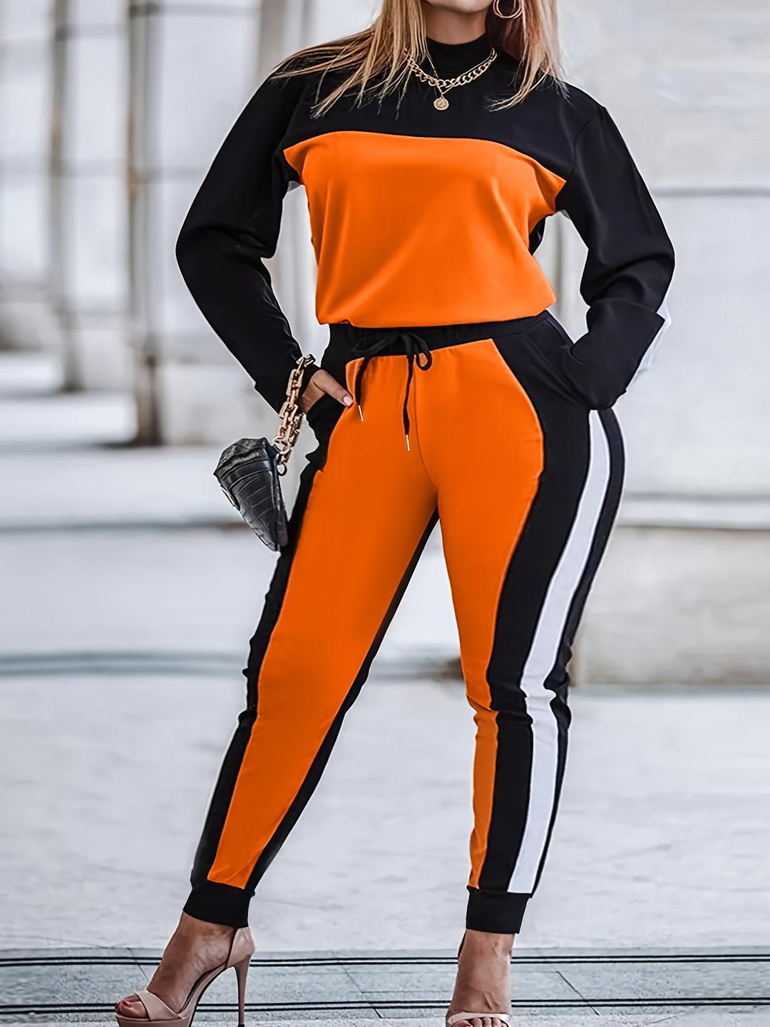 Plus Size Casual Outfits Set, Women's Plus Colorblock Long Sleeve Mock Neck Top & Elastic Drawstring Pants Outfits 2 Piece Set
