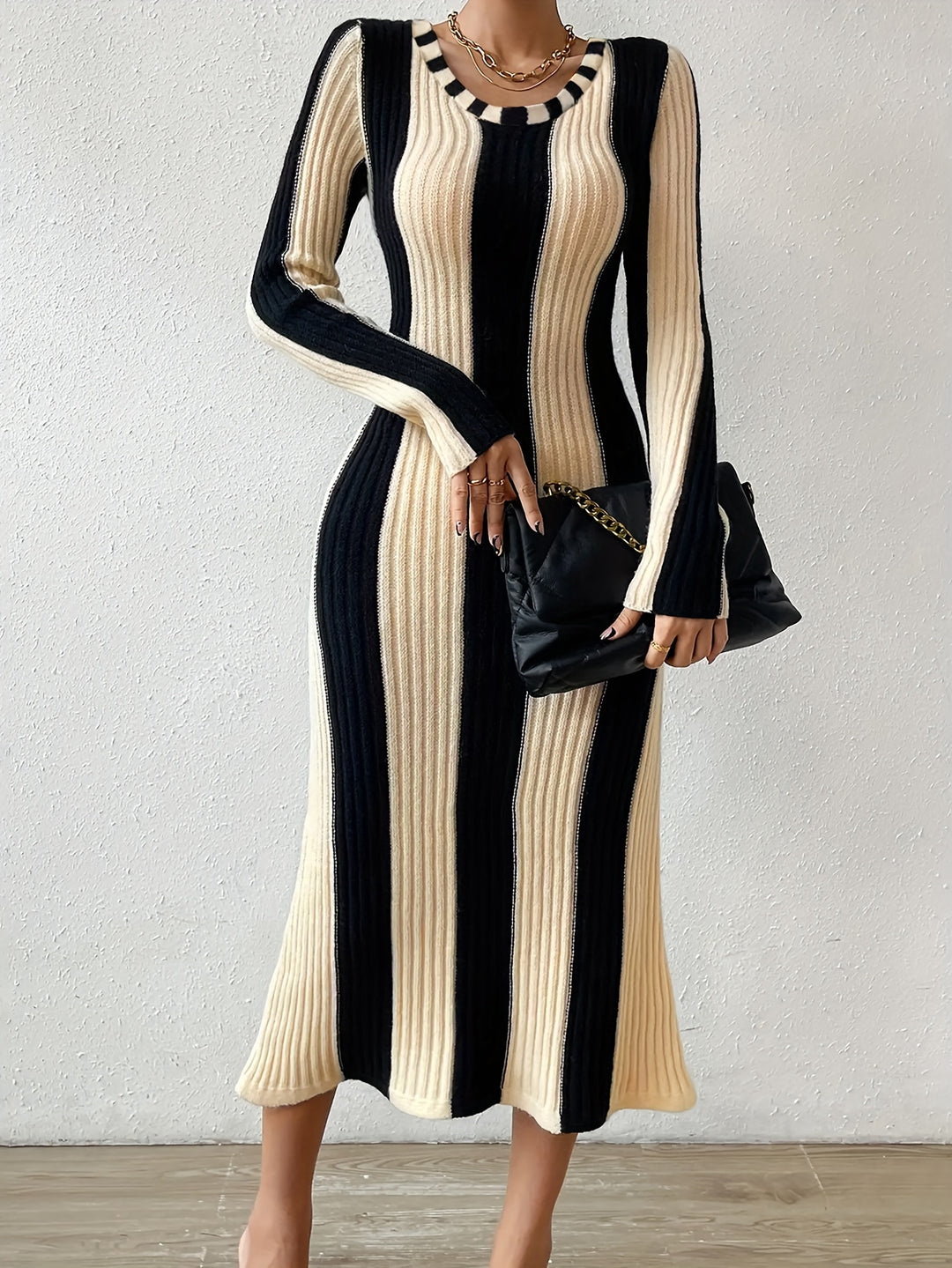 Stripe Color Block Dress, Bodycon Crew Neck Long Sleeve Dress, Women's Clothing