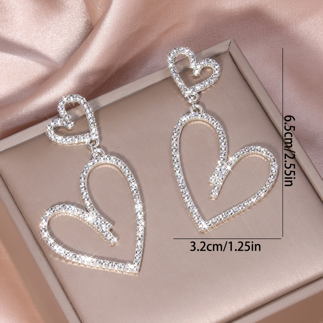 Double Hollow Heart Design Shiny Rhinestone Inlaid Dangle Earrings Simple Luxury Style Delicate Gift For Lovers