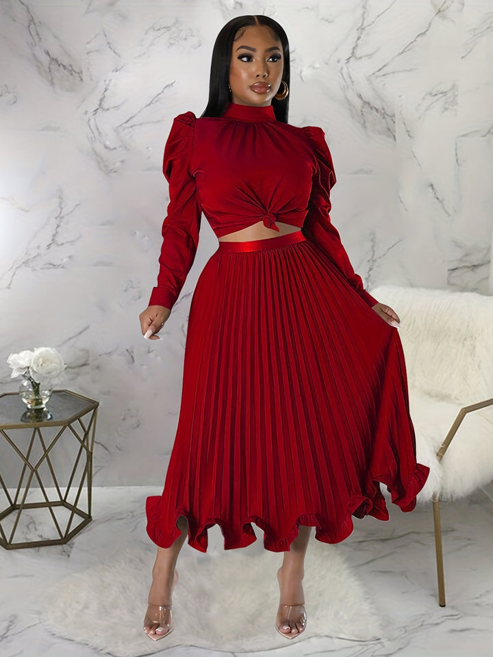 Elegant Matching Two-piece Skirt Set, Puff Sleeve Top & Pleated Skirt Outfits, Women's Clothing