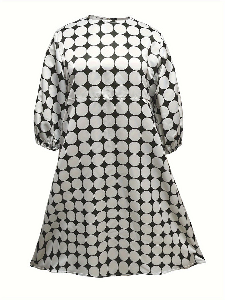 Plus Size Casual Dress, Women's Plus Geometric Print Lantern Sleeve Round Neck Midi Dress