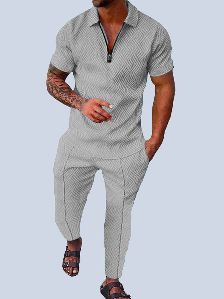 Men's 2Pcs Outfits Top & Pants Set, Casual Short Sleeve Shirt And Tapered Pants Set, Men's Clothing