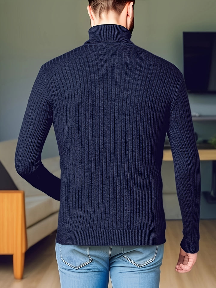 Men's Trendy Knitted Sweater, Casual Mid Stretch Breathable Turtle Neck Top For Outdoor Fall Winter
