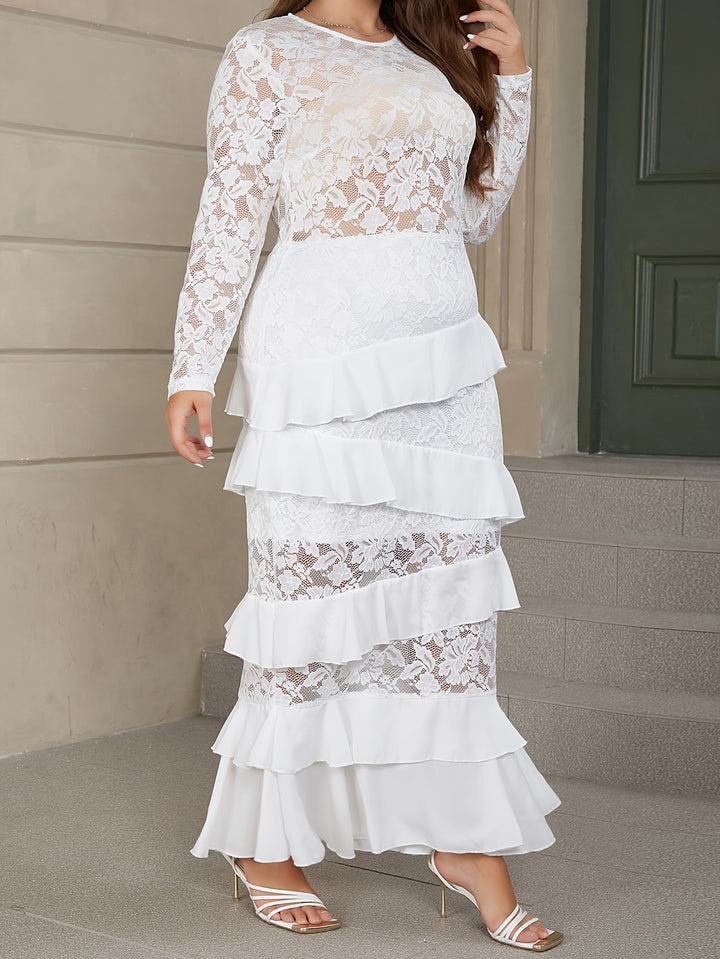 Plus Size elegant Dress, Women's Plus Solid Contrast Lace Long Sleeve Round Neck Ruffle Trim Maxi Dress