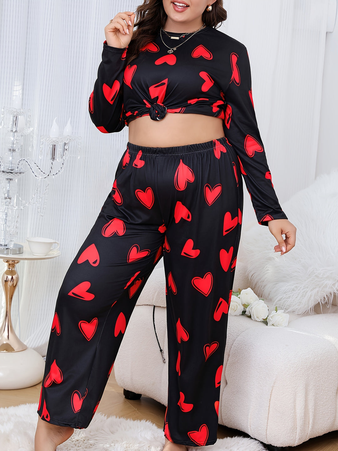 Women's Valentine's Day Casual Pajamas Set, Plus Size Heart Print Long Sleeve Medium Stretch Top & Pants Loungewear 2 Piece Set