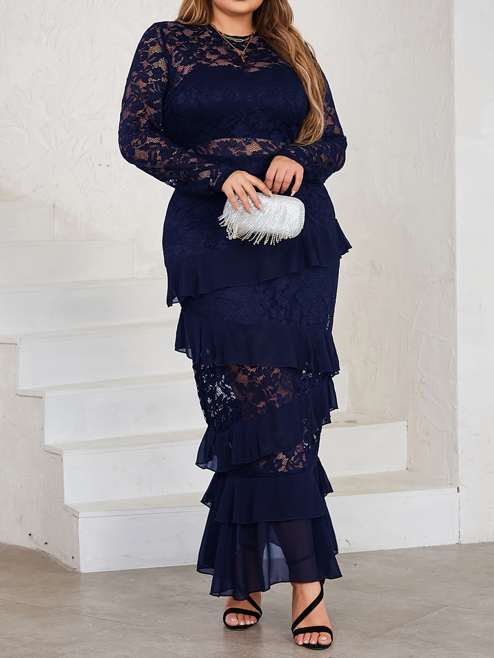 Plus Size elegant Dress, Women's Plus Solid Contrast Lace Long Sleeve Round Neck Ruffle Trim Maxi Dress