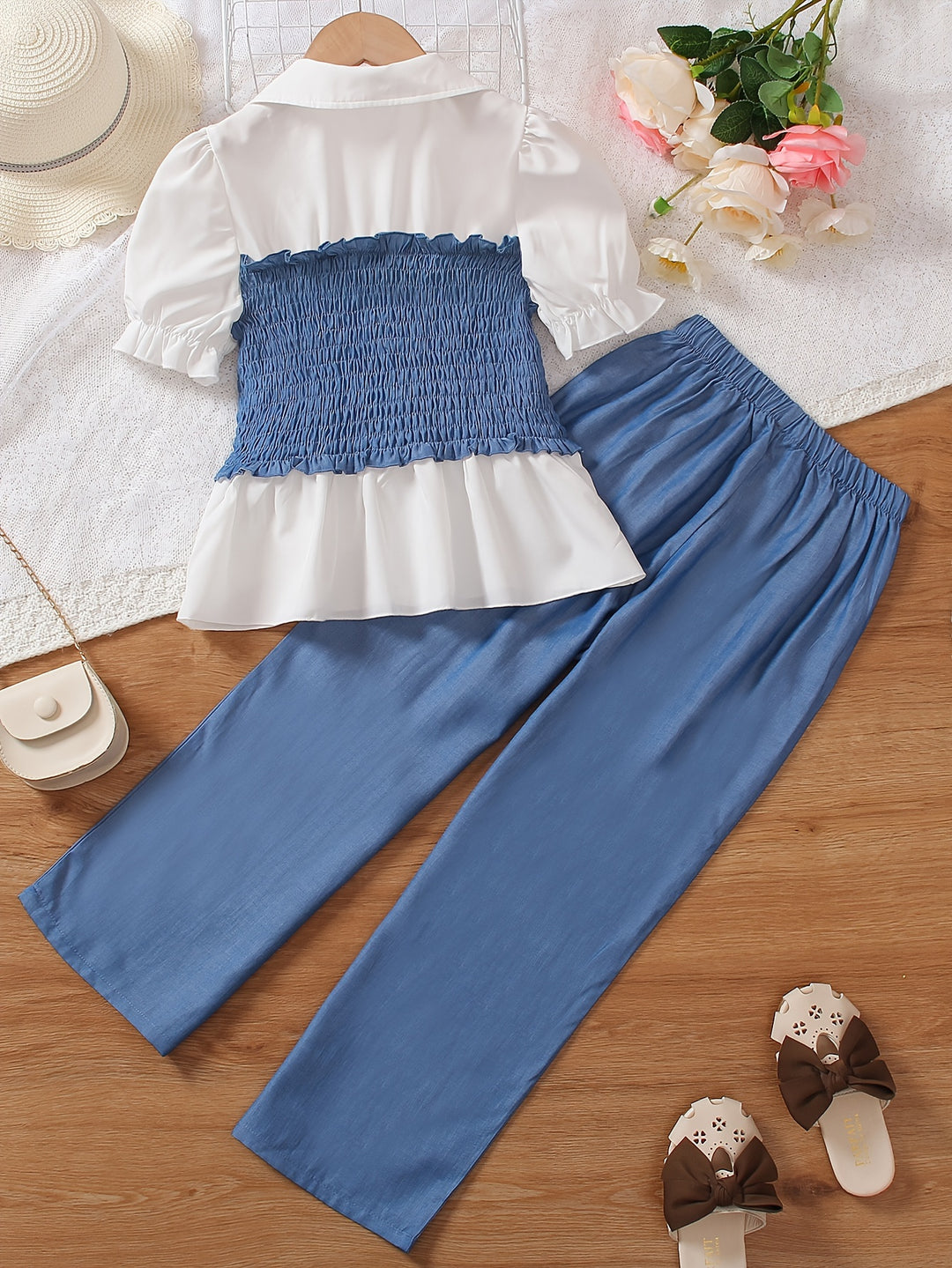 Elegant Girls 2pcs Splicing Puff Short Sleeve Lapel T-shirt Top + Pants Set Summer Clothes Gift Party