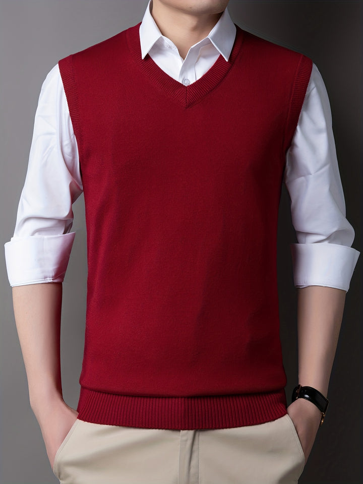 Casual Knitted Pullover, V-neck Sleeveless Thermal Jacket, Wool Vest, Men's Tank Top  For Autumn And Winter