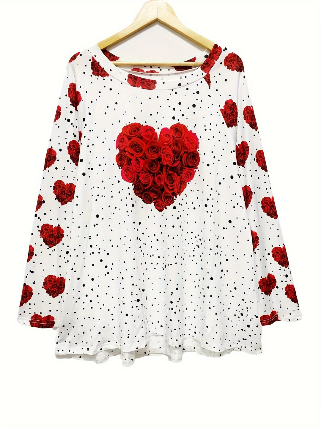 Plus Size Valentine's Day T-shirt, Women's Plus Heart & Rose & Dot Print Long Sleeve Round Neck Loose Fit T-shirt