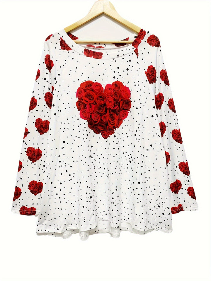 Plus Size Valentine's Day T-shirt, Women's Plus Heart & Rose & Dot Print Long Sleeve Round Neck Loose Fit T-shirt