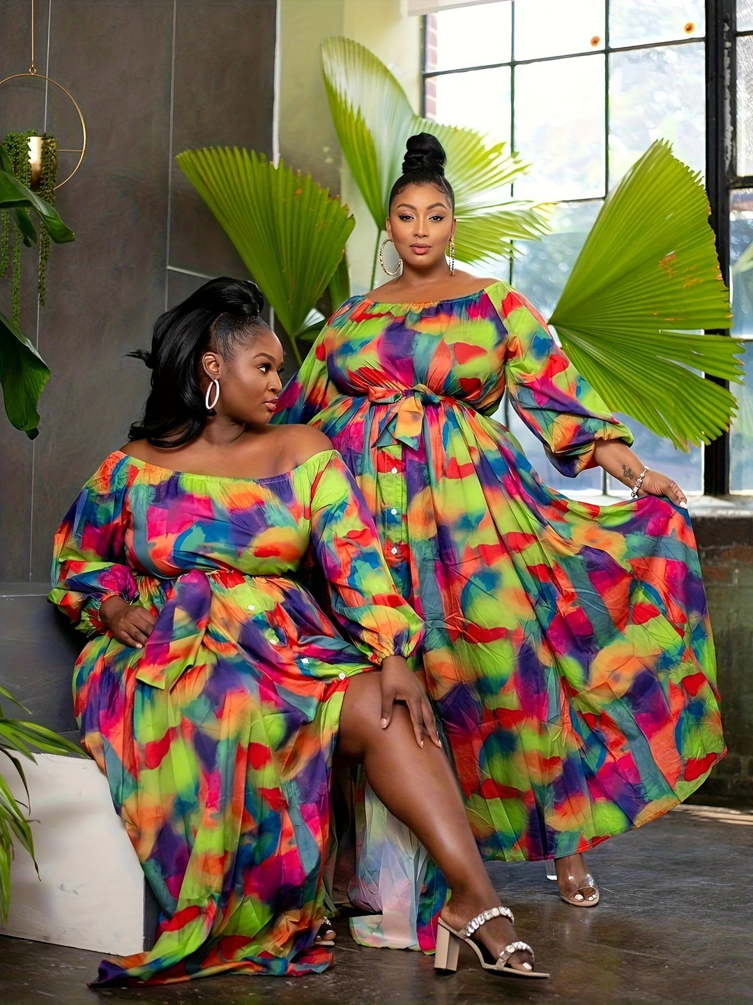 Elegant Plus Size Maxi Dress with Colorblock Print and Lantern Sleeves