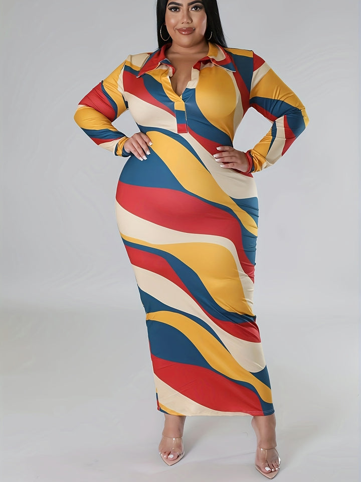 Plus Size Elegant Dress, Women's Plus Geometric Print Long Sleeve V Neck Medium Stretch Bodycon Midi Dress