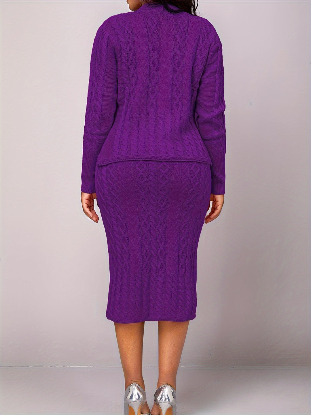 Solid Elegant Two-piece Set, Button Front V Neck Long Sleeve Tops & Bag Hip Midi Skirts Outfits, Women's Clothing