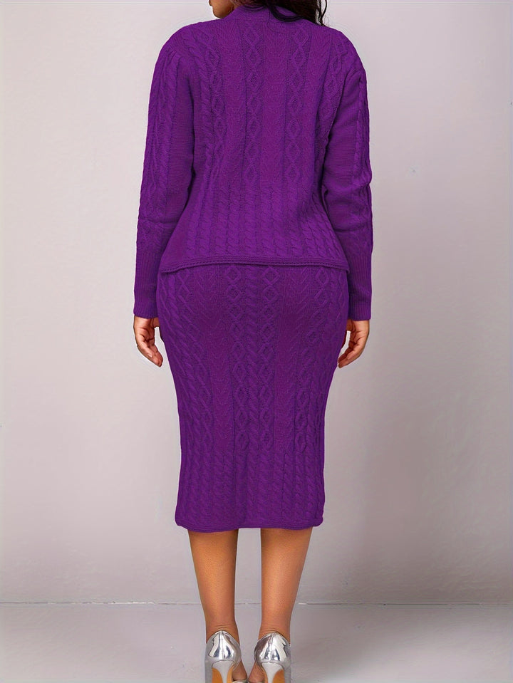 Solid Elegant Two-piece Set, Button Front V Neck Long Sleeve Tops & Bag Hip Midi Skirts Outfits, Women's Clothing