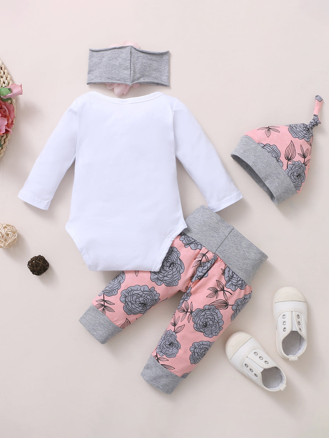 Infant Baby Comfy & Cute Outfit - Letter Graphic Romper + Floral Print Pants + Headband  Set