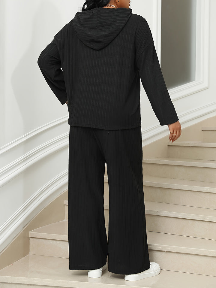 Plus Size Casual Outfits Set, Women's Plus Solid Ribbed Long Sleeve Medium Stretch Drawstring Hoodie & Pants Outfits Two Piece Set