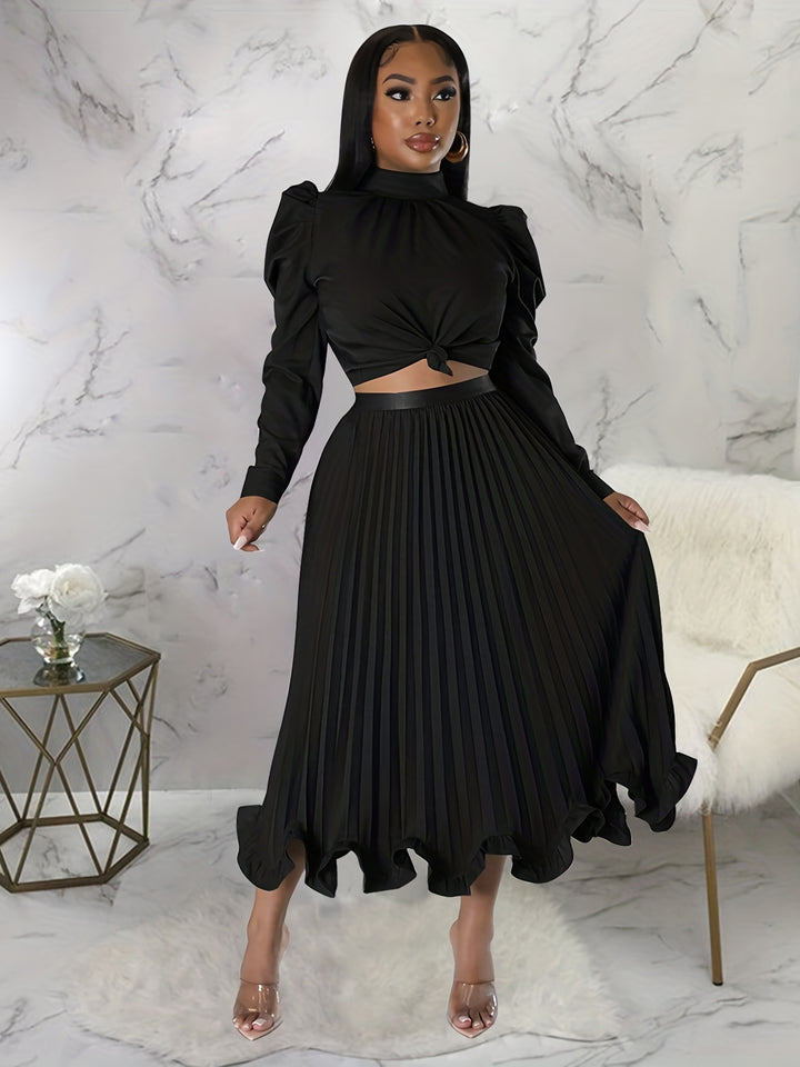 Elegant Matching Two-piece Skirt Set, Puff Sleeve Top & Pleated Skirt Outfits, Women's Clothing