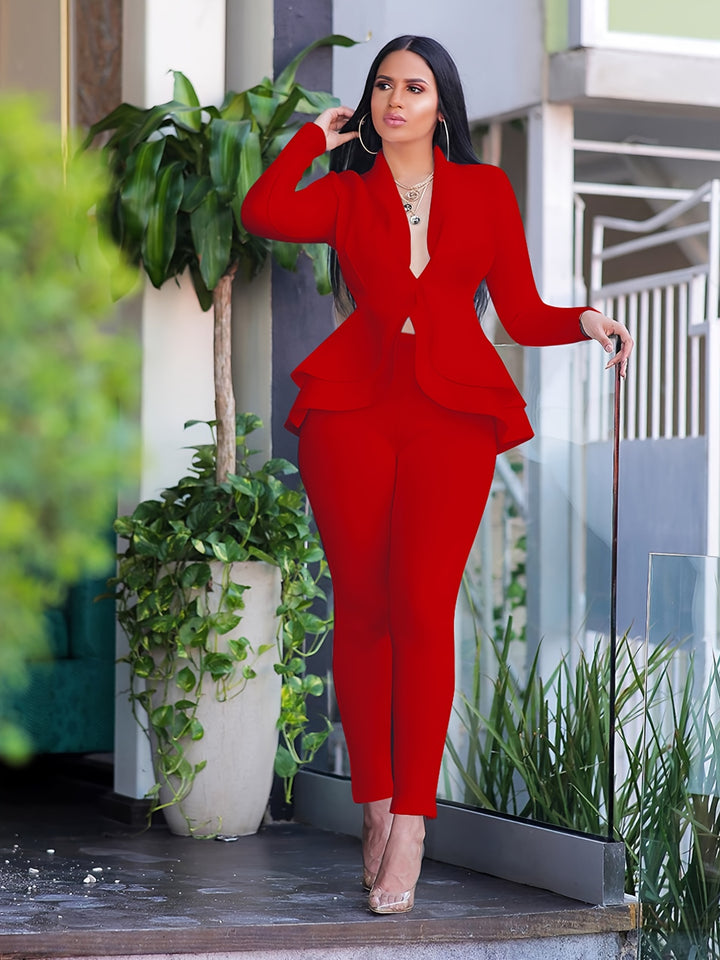 Solid Deep V Neck Long Sleeve Ruffled Hem Tunic Pantsuits, Long Length Bodycon Street Pantsuits, Women's Clothing