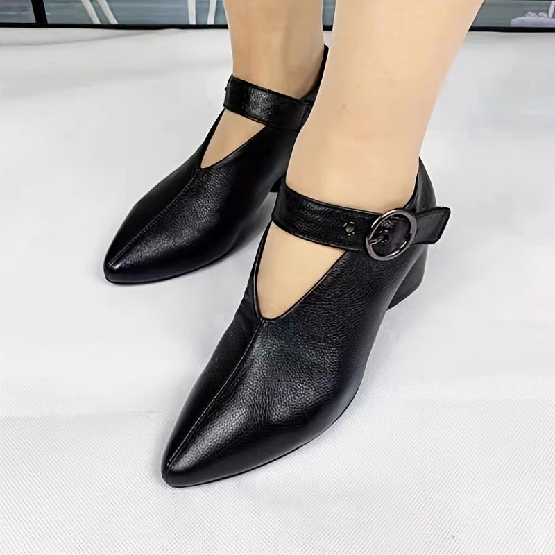 Women's Chunky Mid Heels, Solid Color Pointed Toe Buckle Strap Shoes, Versatile Dance Shoes