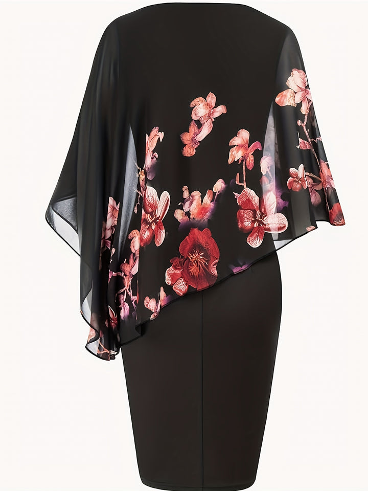 Elegant Plus Size Floral Bodycon Dress with Irregular Sleeves and Crew Neck