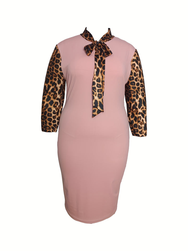 Plus Size Elegant Dress, Women's Plus Leopard Print Raglan Sleeve Tie Neck Bodycon Formal Dress