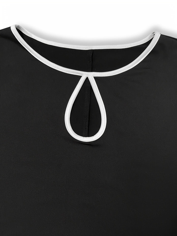 Plus Size Elegant Dress, Women's Plus Colorblock Contrast Trim Long Sleeve Round Neck Keyhole Slim Fit Layered Dress With Belt