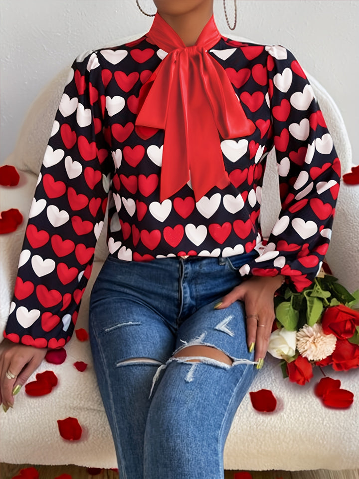 Heart Print Bow Front Blouse, Elegant Long Sleeve Top For Spring & Fall, Women's Clothing