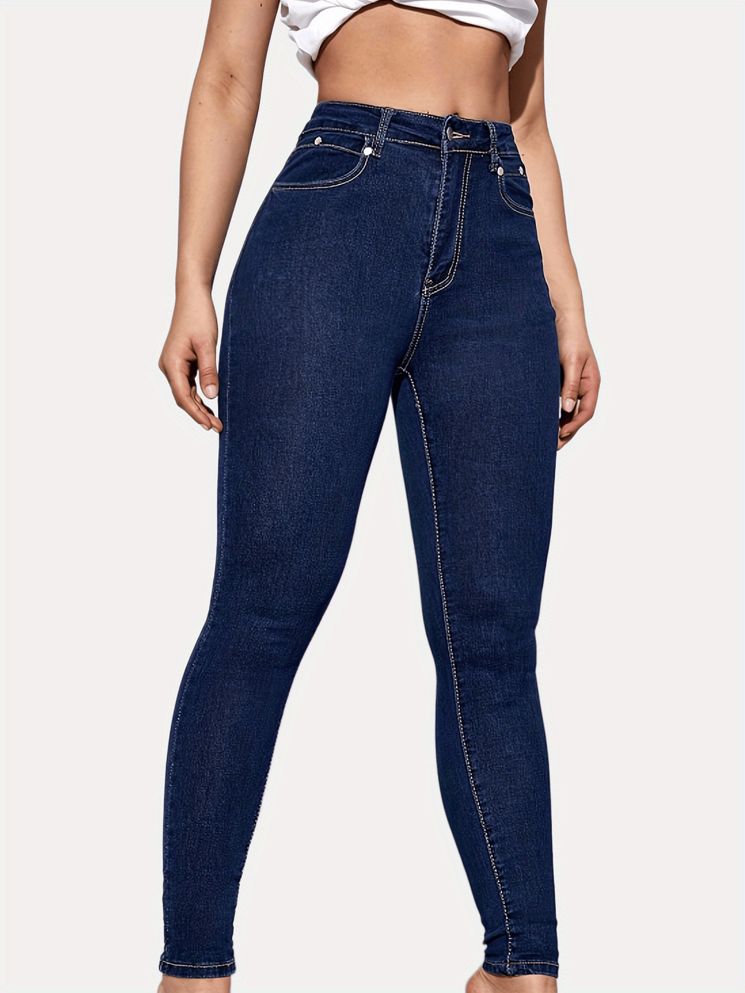 Deep Blue Stretchy High Waist Denim Pants, Slash Pocket Sexy Classic Skinny Jeans, Women's Denim Jeans & Clothing