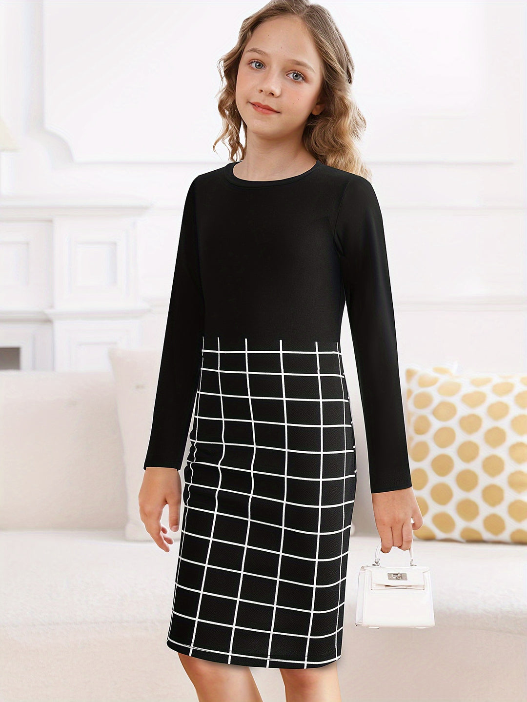 Elegant Girls Splicing Plaid Long Sleeve Bodycon Dress Spring Fall Christmas Gift