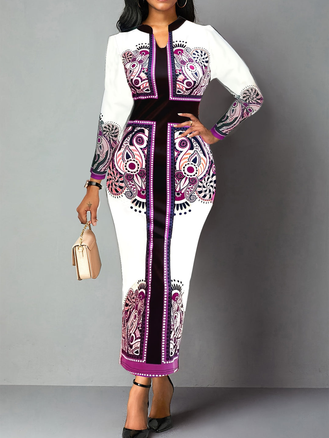 Plus Size Boho Dress, Women's Plus Cross & Paisley Print Long Sleeve Notched Neck Slight Stretch Maxi Slim Fit Dress