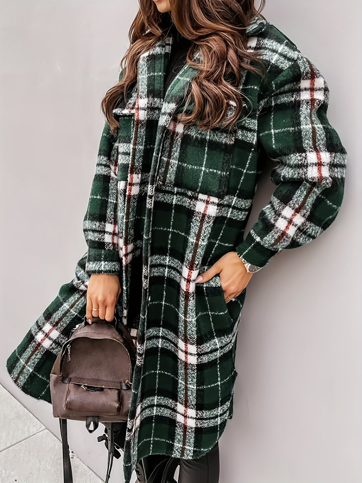 Plaid Print Shacket Jacket, Casual Button Front Turn Down Collar Long Sleeve Mid Length Outerwear, Women's Clothing