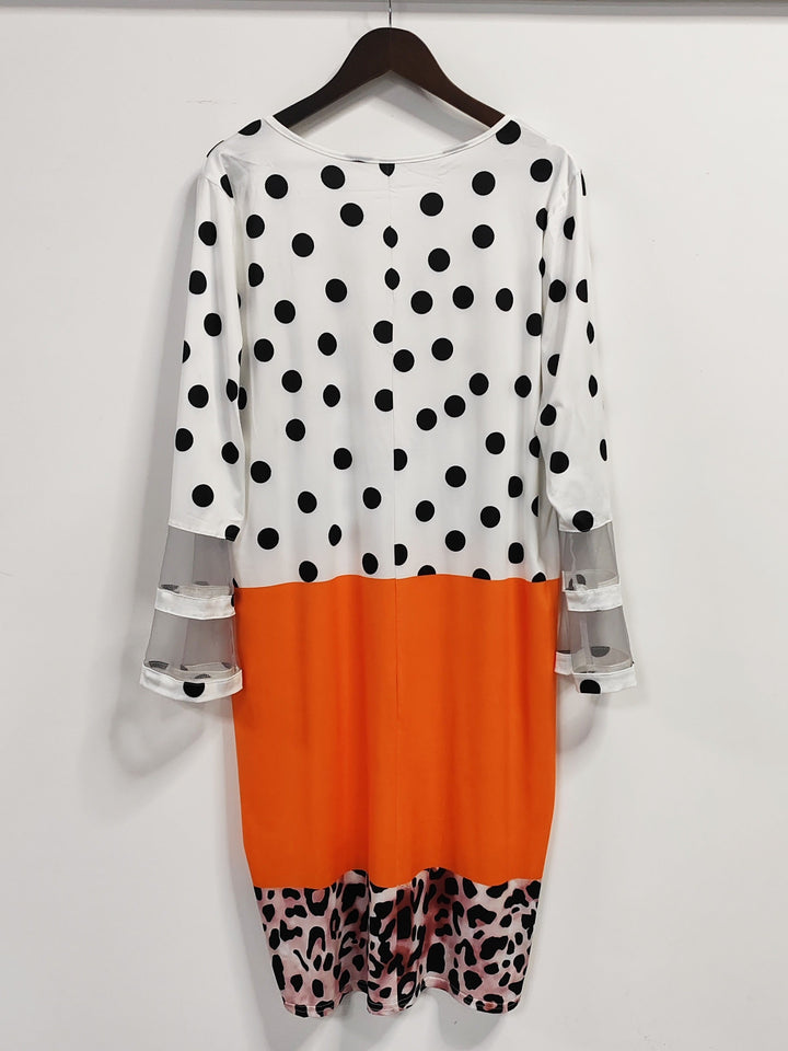Elegant Plus Size Midi Dress with Colorblock Polka Dot & Leopard Print Contrast Mesh Bell Sleeves