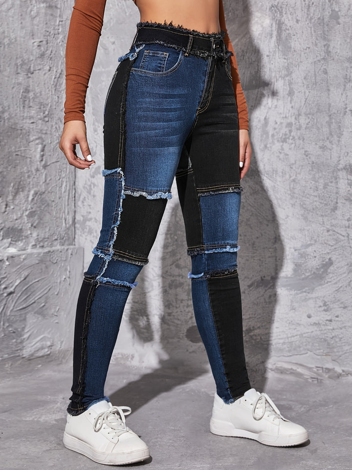 Patched Colorblock Skinny Jeans, High Waist Slim Fit Slash Pockets High Rise Raw Hem Denim Pants, Women's Denim Jeans & Clothing